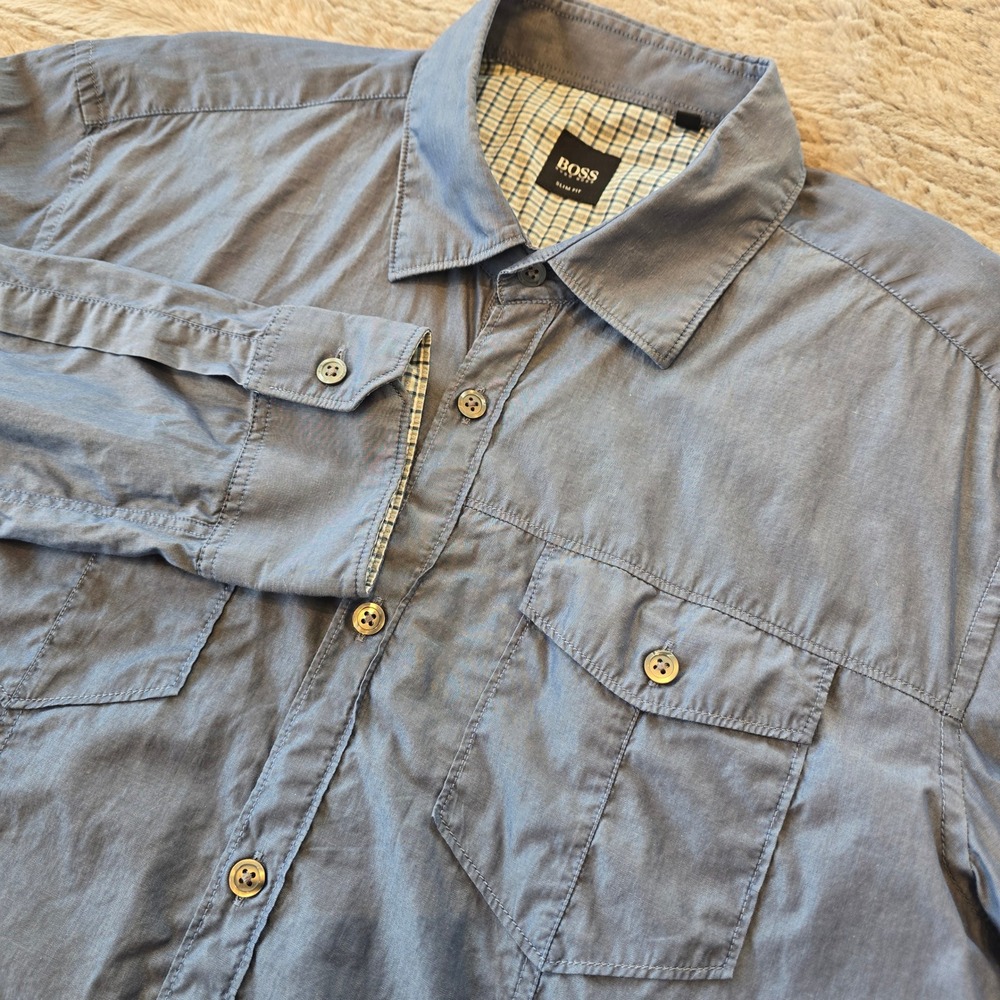 Hugo Boss Slim Fit Mens Blue Grey Cotton Long Sleeve Button Down Shirt Large‎